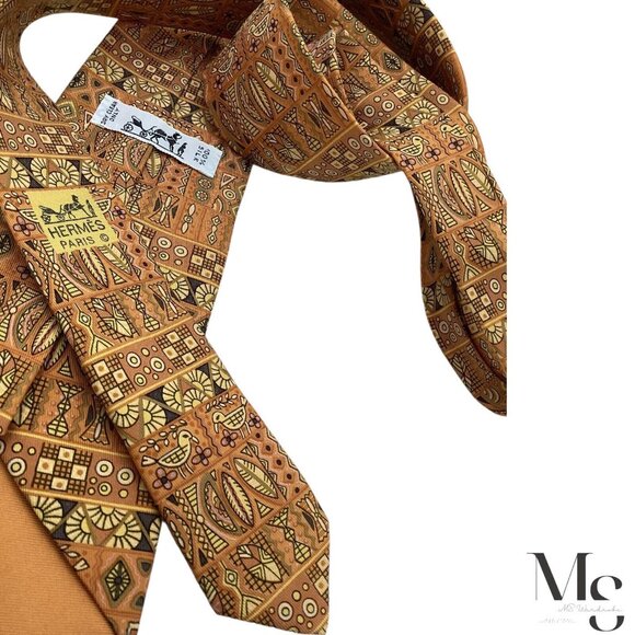 HERMES PARIS 7641 TA Orange Heiroglyphics Pattern Silk Tie France W: 3.5" E.C - Picture 6 of 7